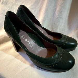 Taryn by Taryn Rose Forest Green Leather Studded Brogue Platform Heels W 8.5